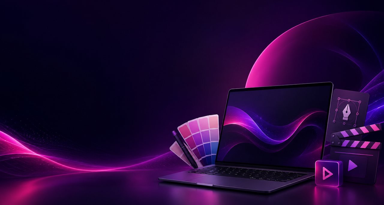 SwiftLink Designs creative workspace — a laptop showing a brand design, a colour swatch fan, a pen tool icon and a video clapperboard on a purple and magenta background